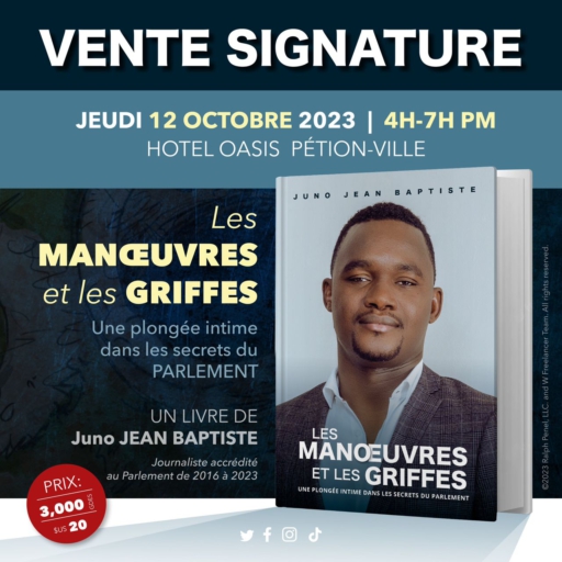 Vente signature cet après-midi du livre « Les manœuvres et les griffes » de Juno Jean Baptiste, à l’hôtel Oasis